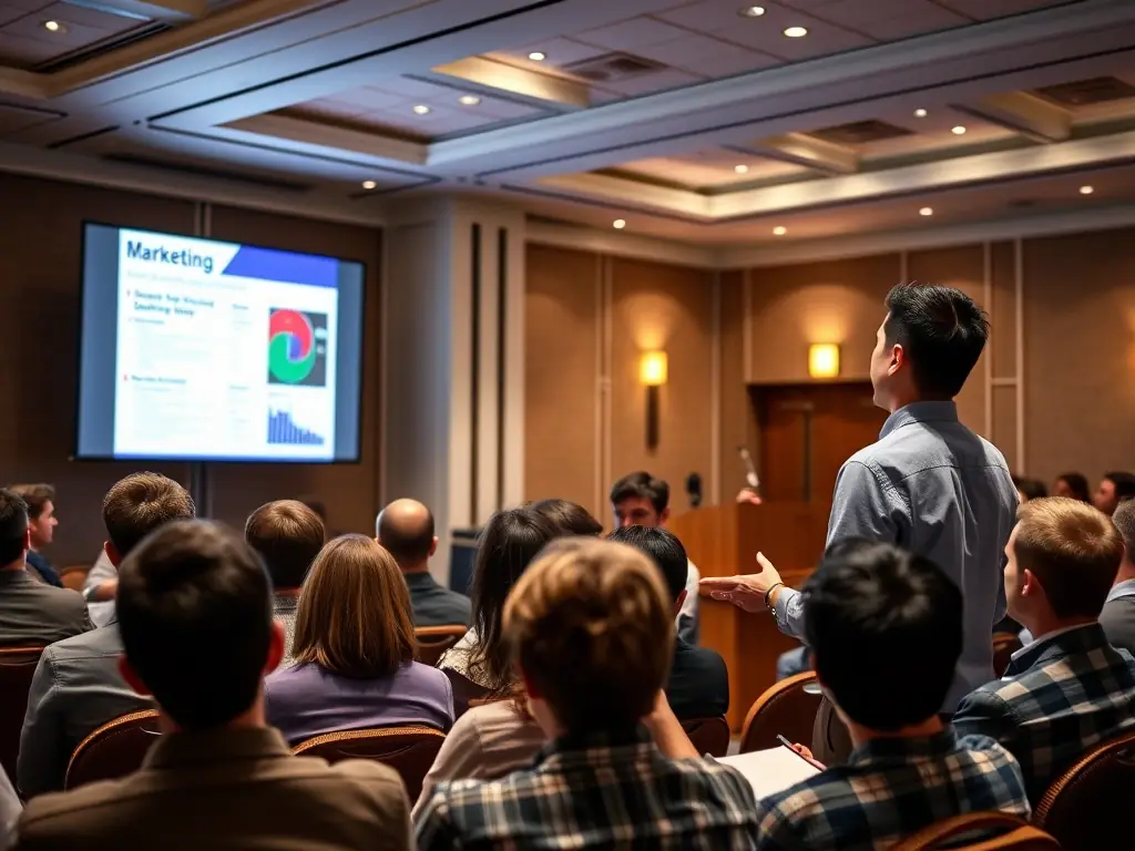 A dynamic image of a young entrepreneur, David Lee, presenting at a networking event, showcasing his expertise in marketing and his engagement with the Entrepreneur Connect community.