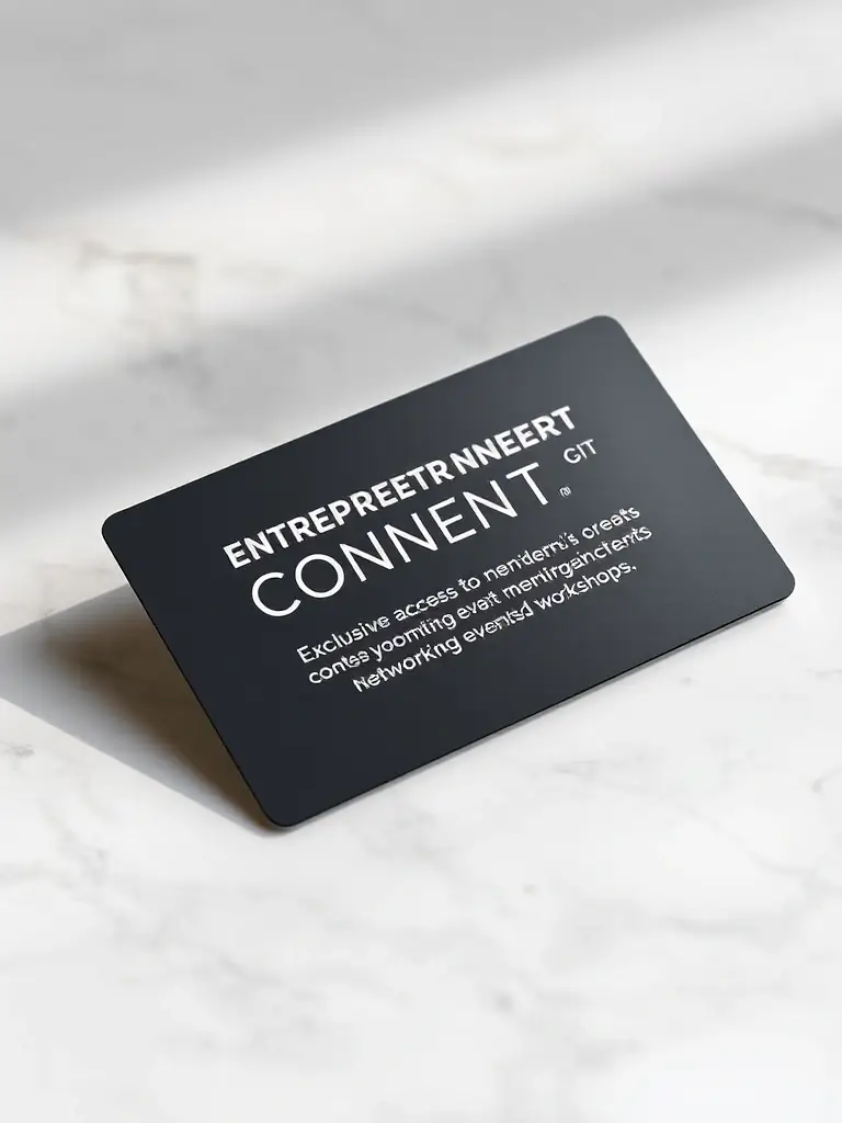 A sleek membership card for Entrepreneur Connect, symbolizing exclusive access to networking events, workshops, and a vibrant community of like-minded individuals.