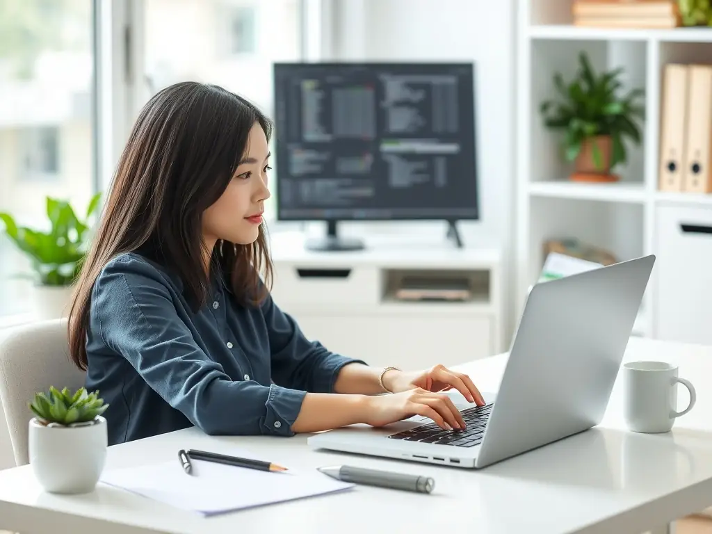 A creative shot of an entrepreneur, Emily Chen, working on her laptop in a co-working space, highlighting her entrepreneurial spirit and her involvement in the Entrepreneur Connect community.